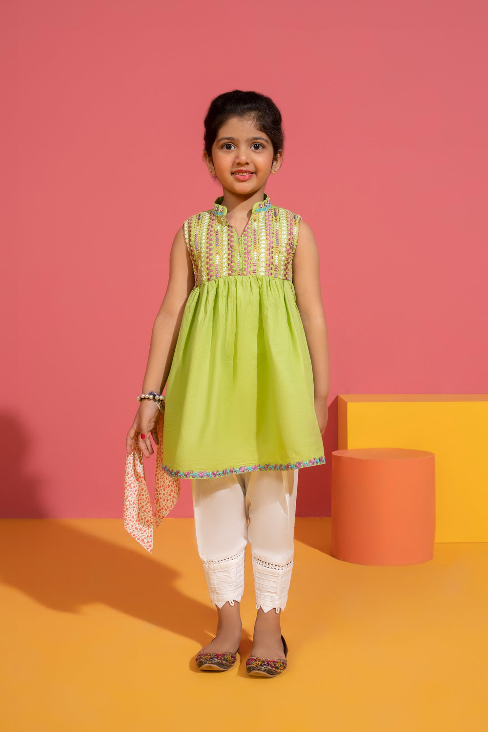 Kids Embroidered Green Lawn Frock Rilancio